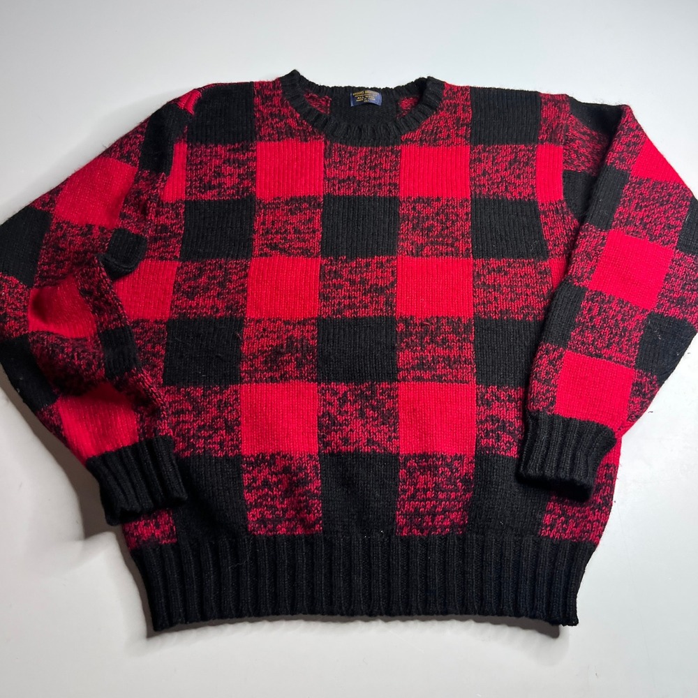 Brooks Brothers Mens XL‎ Red Black Buffalo Plaid Wool Crew Neck Knit Sweater